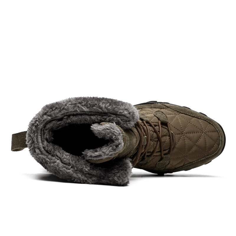 Top view of lace-up waterproof non-slip mid-calf snow boot with fur lining, showcasing quilted design and durable rubber outsole.